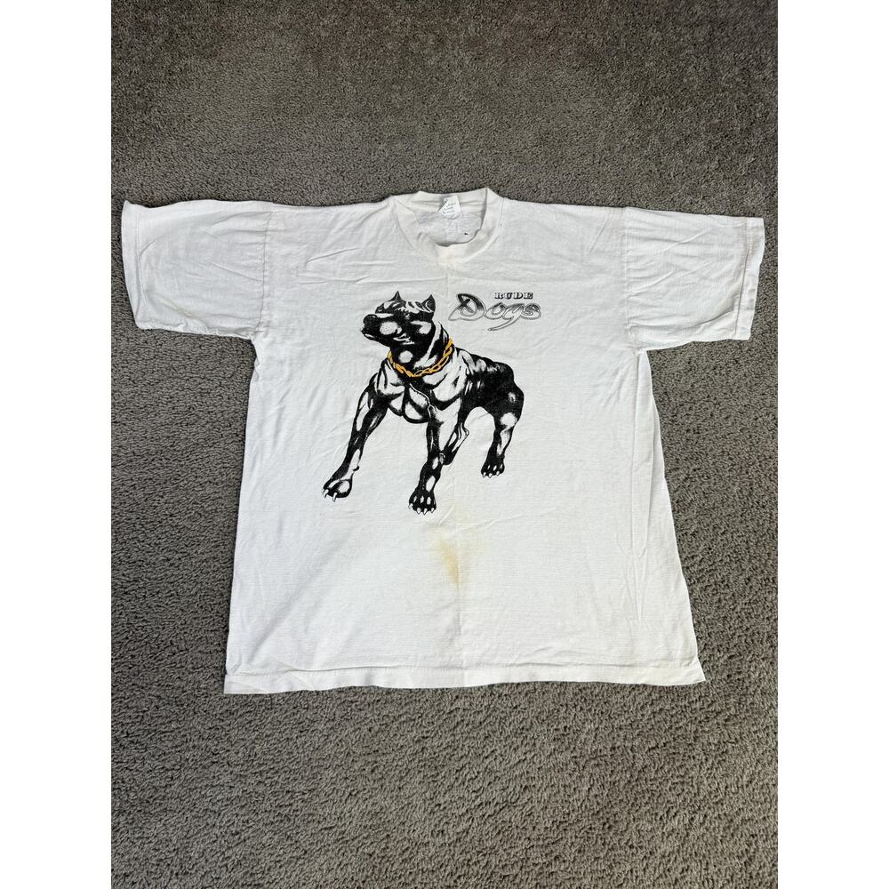 Vintage Rude Dogs Shirt Mens L White Pit Bull Hip Hop Hawks Super T 90s